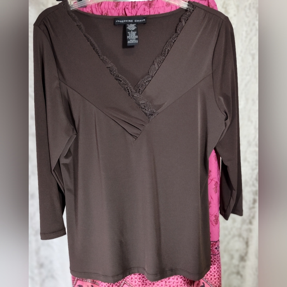 Josephine Chaus Rich Chocolate Brown Lace V-Neck Blouse NWOT